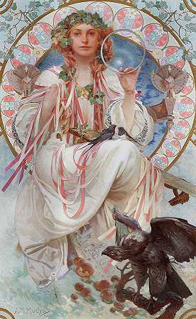 约瑟芬·克雷恩·布拉德利饰演斯拉维亚女神的肖像`Portrait of Josephine Crane-Bradley as goddess Slavia by Alphonse Mucha