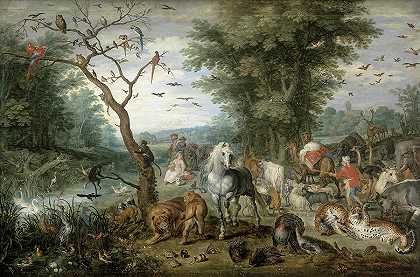 动物进入诺亚方舟的天堂景观，1615年`Paradise Landscape with the Animals Entering Noah\’s Ark, 1615 by Jan Brueghel the Elder