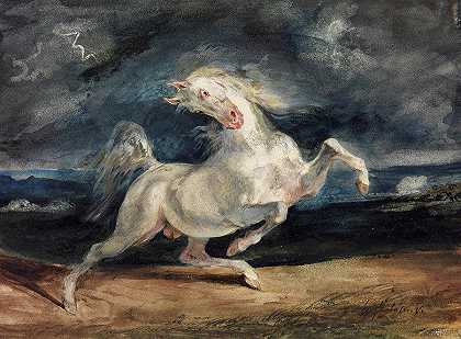 被闪电吓坏的马，1829年`Horse Frightened by Lightning, 1829 by Eugene Delacroix
