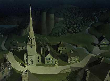 保罗·里维尔的午夜骑行，1931年`The Midnight Ride of Paul Revere, 1931 by Grant Wood
