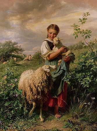 《牧羊女》，1866年`The Shepherdess, 1866 by Johann Baptist Hofner