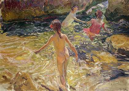 巴斯，哈维亚，1905年`The Bath, Javea, 1905 by Joaquin Sorolla
