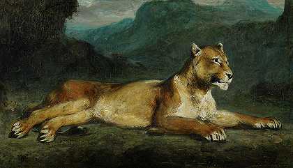 狮子座躺着，1885年`Lioness Reclining, 1885 by Eugene Delacroix
