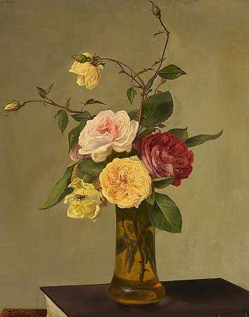 花瓶里的玫瑰，·Roses in a Vase, 19th Century by Henri Fantin-Latour