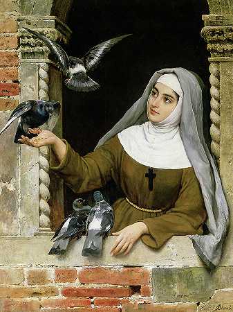 喂鸽子，1877年`Feeding the Pigeons, 1877 by Eugene de Blaas