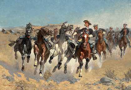 1890年，第四骑兵下了马`Dismounted The Fourth Troopers Moving the Led Horses, 1890 by Frederic Remington