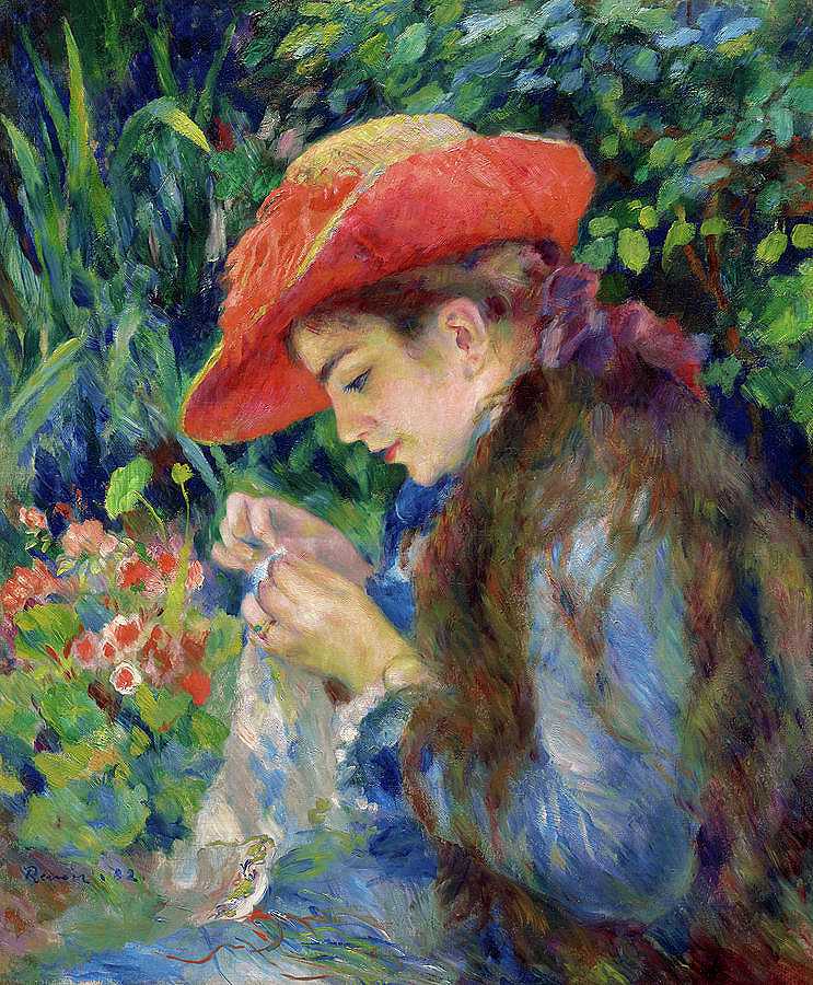 玛丽·特蕾丝·杜兰德·鲁尔缝纫，1882年`Marie-Therese Durand-Ruel Sewing, 1882 by Pierre-Auguste Renoir