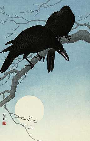 树枝上的两只乌鸦，1927年`Two crows on a branch, 1927 by Ohara Koson