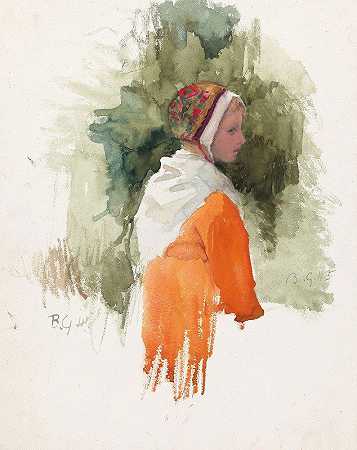 戴帽子穿橙色连衣裙的女孩`Meisje met kapje en oranje jurk (1865 ~ 1913) by Bramine Hubrecht