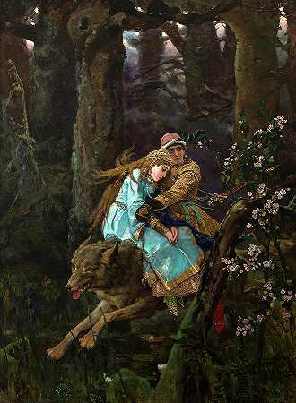 伊万·萨雷维奇骑着灰狼，1889年`Ivan Tsarevich riding the Gray Wolf, 1889 by Viktor Vasnetsov
