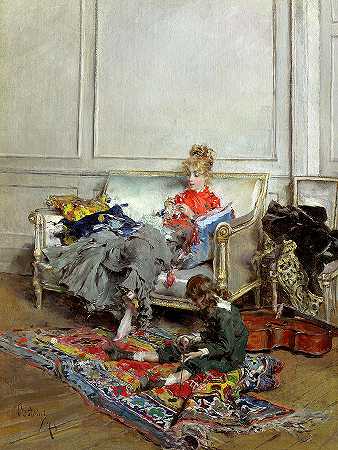 年轻女子钩编，1875年`Young Woman Crocheting, 1875 by Giovanni Boldini