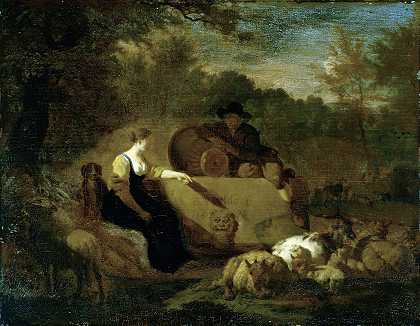 牧羊人和牧羊女带着羊群在井边`Shepherd and Shepherdess with their Flock at a Well (1668) by Adriaen van de Velde