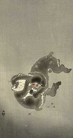 1930年的《两只玩猴子》`Two playing monkeys, 1930 by Ohara Koson