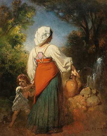 在喷泉边带着孩子的意大利女人`Italienerin mit Kind am Brunnen by Anton Romako