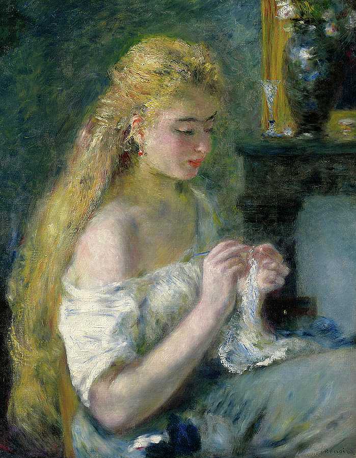 女子钩编，1875年`Woman Crocheting, 1875 by Pierre-Auguste Renoir