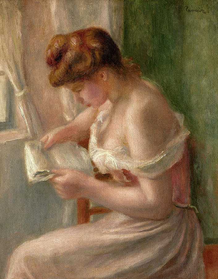 女子阅读，1895年`Woman Reading, 1895 by Pierre-Auguste Renoir