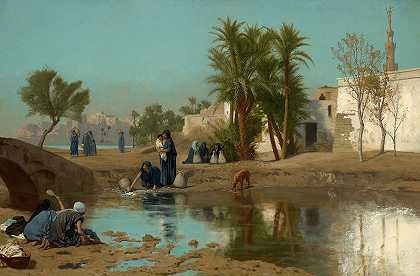 费拉：女人在打水，1875年`Fellah Women Drawing Water, 1875 by Jean-Leon Gerome