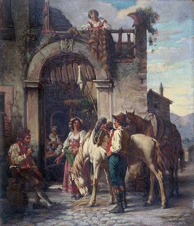 马停在客栈`La halte des chevaux à lauberge (1860) by Auguste Dutuit