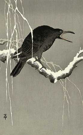 白雪覆盖的树枝上的乌鸦，1945年`Crow on snow-covered tree branch, 1945 by Ohara Koson