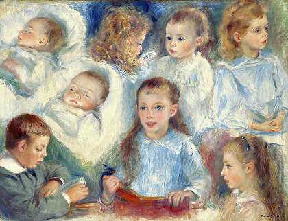 《头的素描》，贝拉德的孩子们，1881年`Sketches of Heads, The Berard Children, 1881 by Pierre-Auguste Renoir
