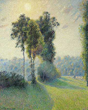 圣查尔斯风景区，吉瑟斯附近，日落，1891年`Landscape at Saint-Charles, near Gisors, Sunset, 1891 by Camille Pissarro