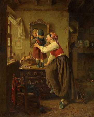 镜子前的女人和孩子，1870年`Woman and Child Before a Mirror, 1870 by Paul Seignac