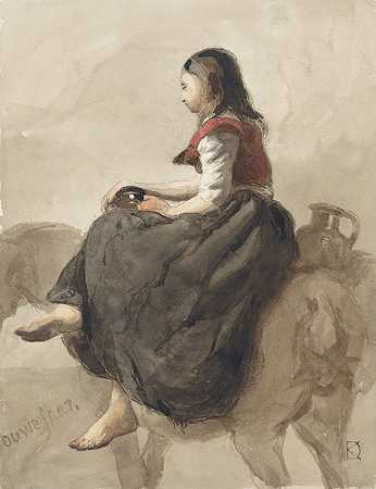 坐在马上的女人，手里拿着两个水壶`Zittende vrouw op een paard met twee kannen (1841 ~ 1857) by Johan Daniël Koelman