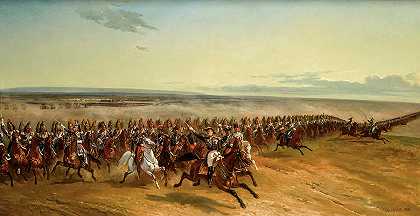 法国军队在查隆营的演习`Maneuvers of the French army at Camp de Chalons by Louis Eugene Ginain
