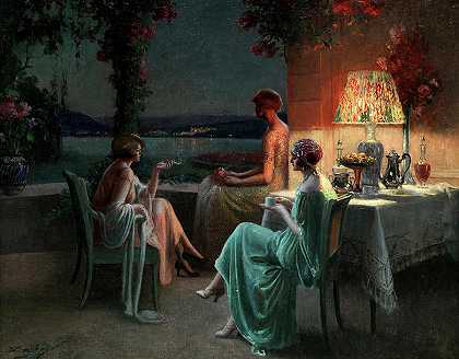 露台上有三个女人`Three Women on the Terrace by Delphin Enjolras