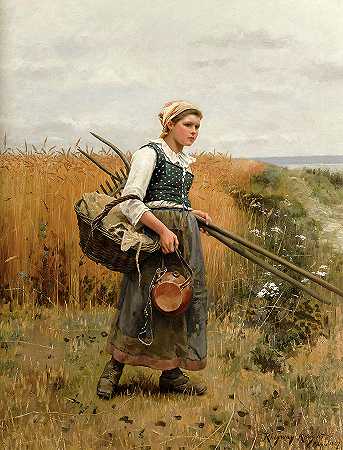 收割地里的女孩`Girl in Harvest Field by Daniel Ridgway Knight