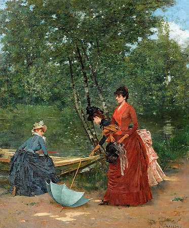 布洛涅大道上的三个巴黎人`Three Parisiennes in the Bois de Boulogne by Francesc Miralles i Galaup
