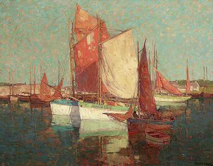 离岸的法国渔船`French Fishing Boats Off the Coast by Edgar Payne
