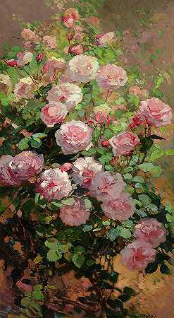 粉红色的阳光斑驳的玫瑰`Pink Sun-dappled Roses by Franz Arthur Bischoff