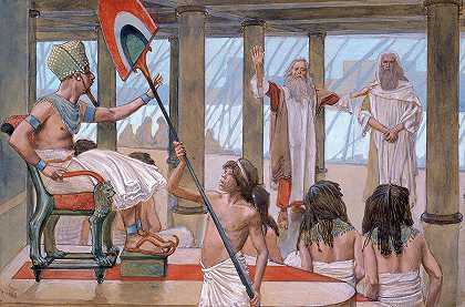 摩西与法老交谈，1902年`Moses speaks with Pharaoh, 1902 by James Tissot