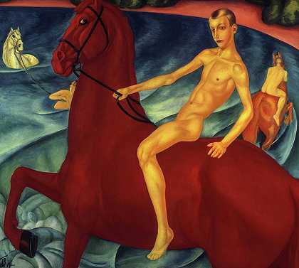 《一匹红马的沐浴》，1912年`Bathing of a Red Horse, 1912 by Kuzma Sergeevich Petrov-Vodkin