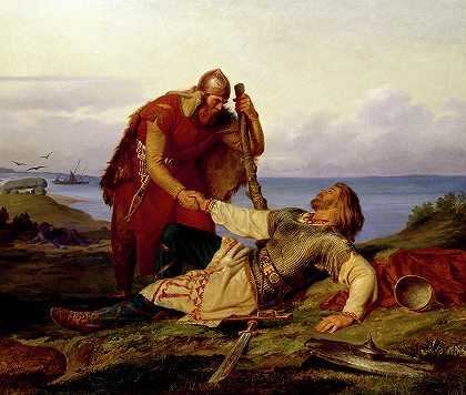 萨姆索战役后，哈马尔向奥瓦尔·奥德告别`Hjalmar\’s farewell to Orvar-Oddr after the Battle of Samso by Marten Eskil Winge