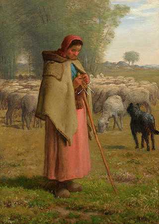 1862年，一个年轻的女孩守护着她的羊`Young Girl Guarding her Sheep, 1862 by Jean-Francois Millet