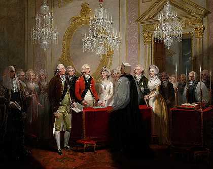 约克公爵和公爵夫人的婚姻，1791年`The Marriage of the Duke and Duchess of York, 1791 by Henry Singleton