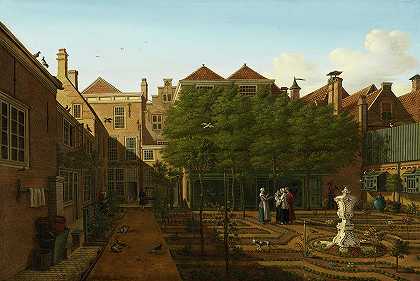 海牙市政厅花园景观`View of a Town House Garden in The Hague by Paulus Constantijn la Fargue