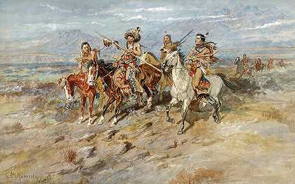 印第安人骑马，1897年`Indians on Horseback, 1897 by Charles Marion Russell