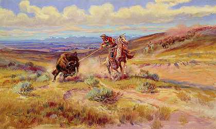 刺杀水牛，1925年`Spearing a Buffalo, 1925 by Charles Marion Russell