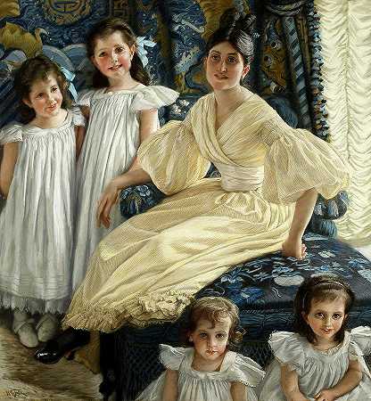 德扬维尔伯爵夫人和她的四个孩子，1895年`Comtesse d\’Yanville and Her Four Children, 1895 by James Tissot
