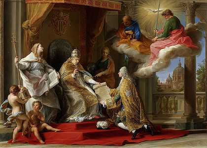 教皇本笃十四世向斯坦维尔伯爵呈上通谕，前总括`Pope Benedict XIV Presenting the Encyclical, Ex Omnibus, to the Comte de Stainville by Pompeo Batoni
