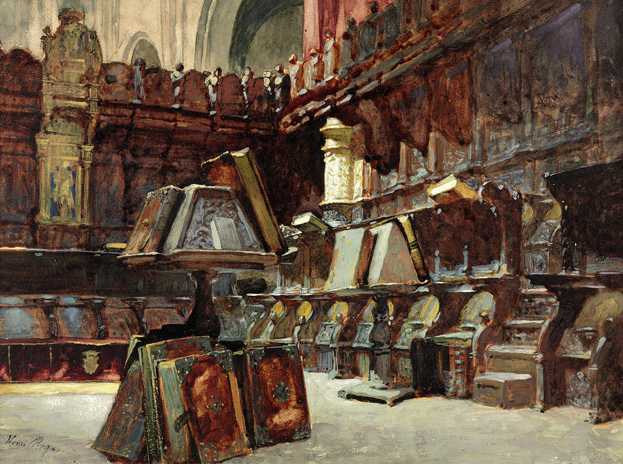 西班牙大教堂的唱诗班摊位`Choir Stalls in a Spanish Cathedral by Henri Regnault