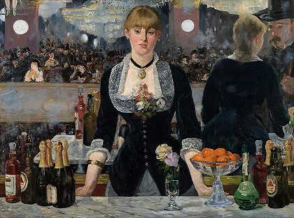 1882年，伯格尔福利斯的一家酒吧`A Bar at the Folies-Bergere, 1882 by Edouard Manet