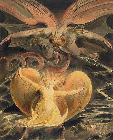 1805年的《大红龙与太阳女》`The Great Red Dragon and the Woman clothed with Sun, 1805 by William Blake