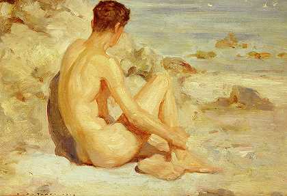 海滩上的男孩，1912年`Boy on a Beach, 1912 by Henry Scott Tuke