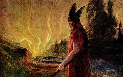 1909年，当布伦希尔德周围的火焰升起时，奥丁离开了`As the Flames Rise around Brunnhilde, Odin leaves, 1909 by Hermann Hendrich
