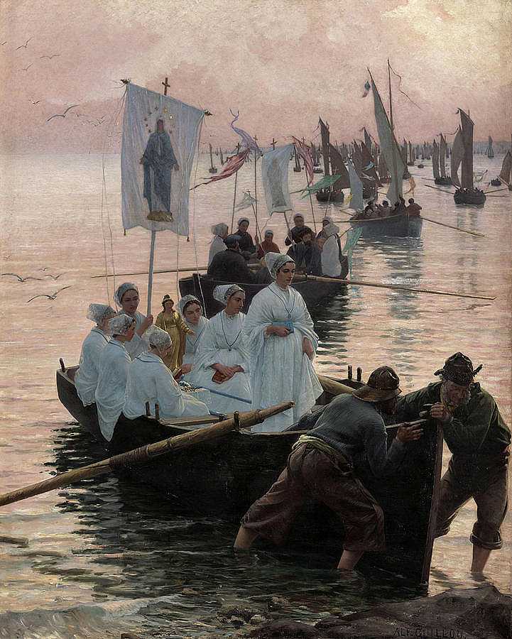 圣安·德福斯南特的宽恕来到康卡诺`The Arrival of the Pardon of Sainte-Anne-de-Fouesnant at Concarneau by Alfred Guillou