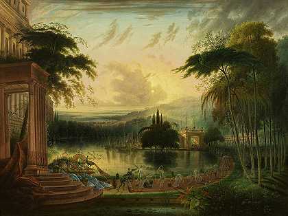 随着示巴女王的到来，这是一幅浪漫的风景画`A Romantic Landscape with the Arrival of the Queen of Sheba by Samuel Colman